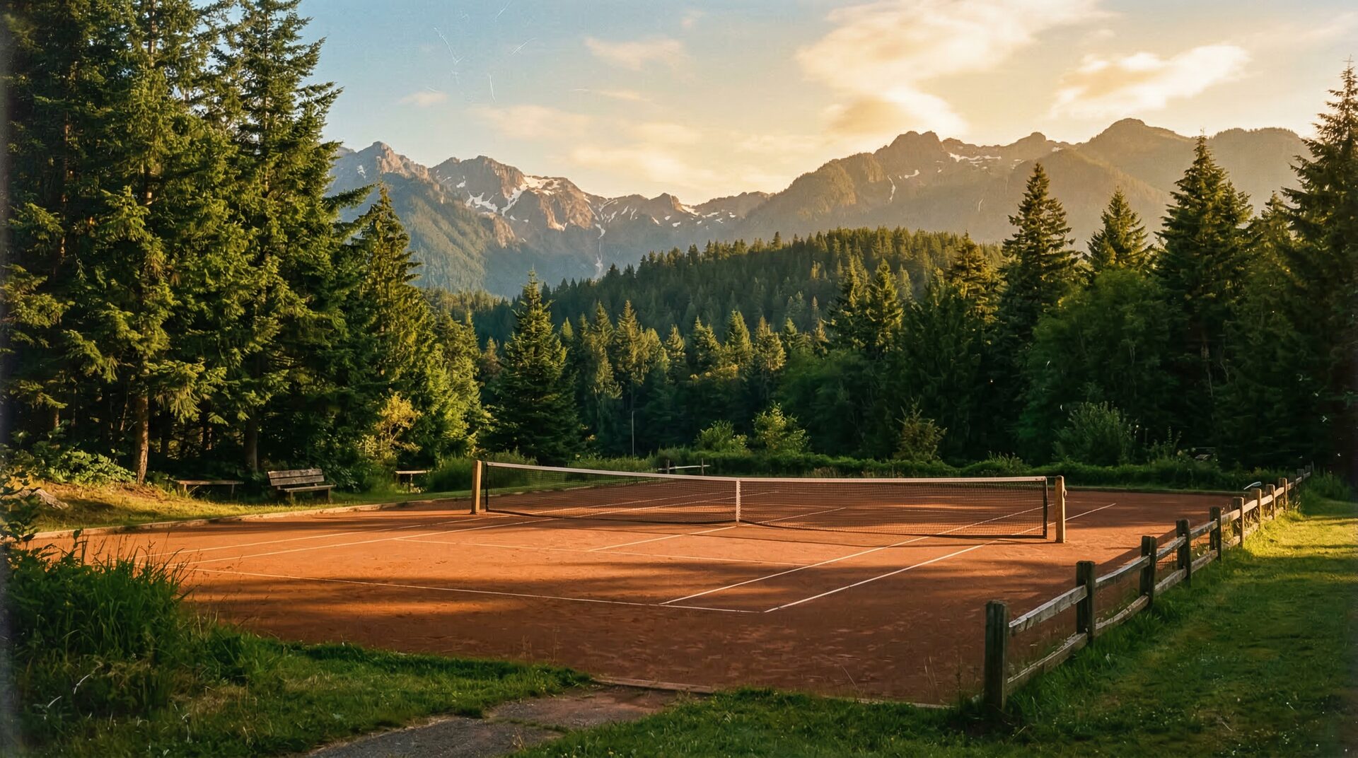 A sun-drenched clay tennis court surrounded by Pacific Northwest pine trees and mountains