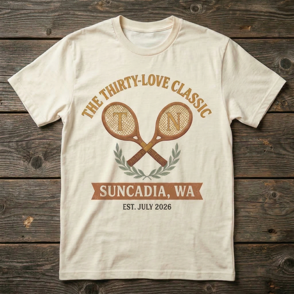 The Thirty-Love Classic t-shirt design — vintage crossed rackets with T and N initials